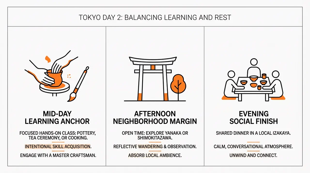 Infographic showing a Tokyo day 2 rhythm with a midday learning anchor, afternoon neighborhood margin, and evening social finish.