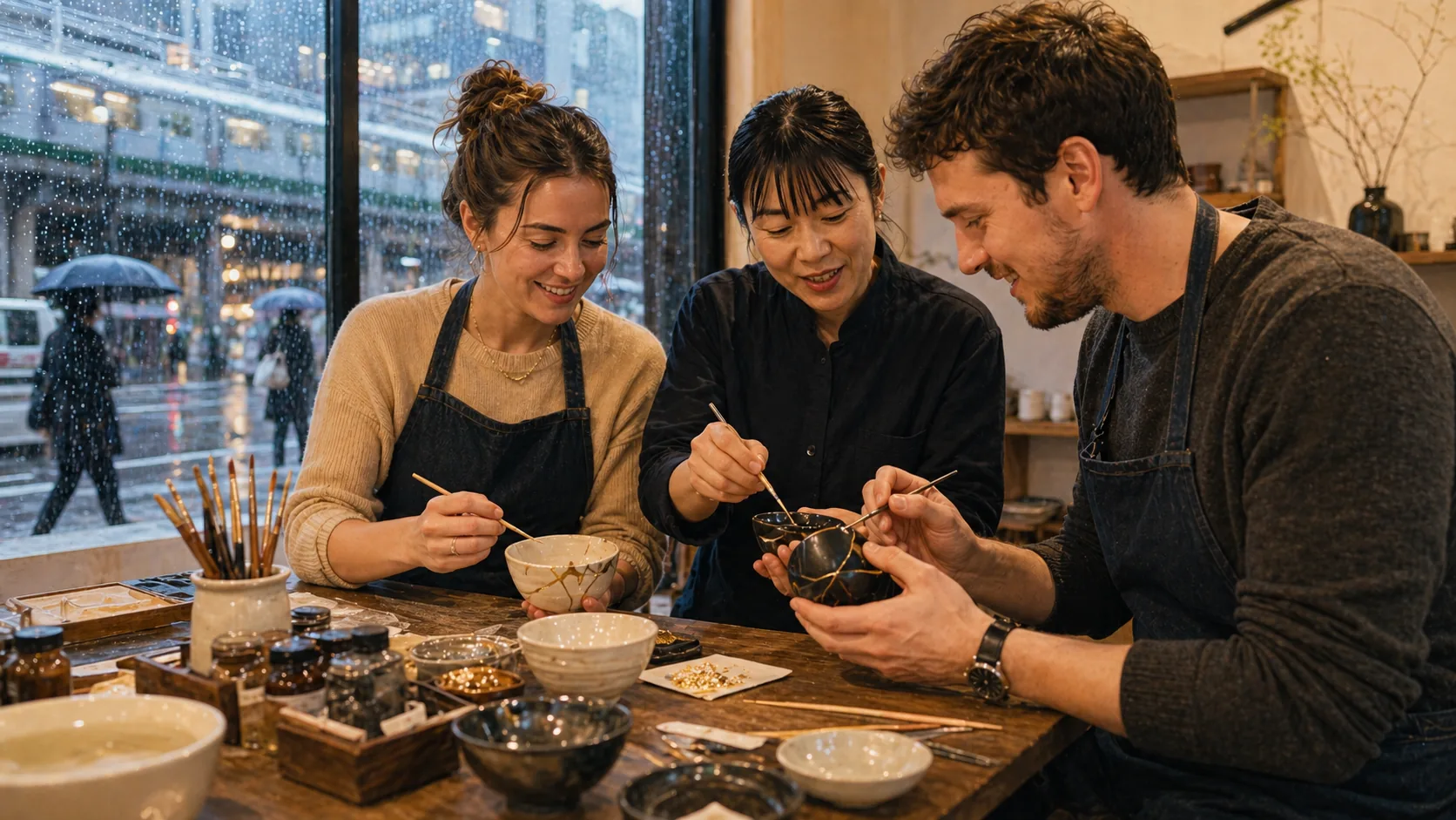 Travelers repairing ceramics with a local host in a warm Tokyo studio while rain falls outside the window.
