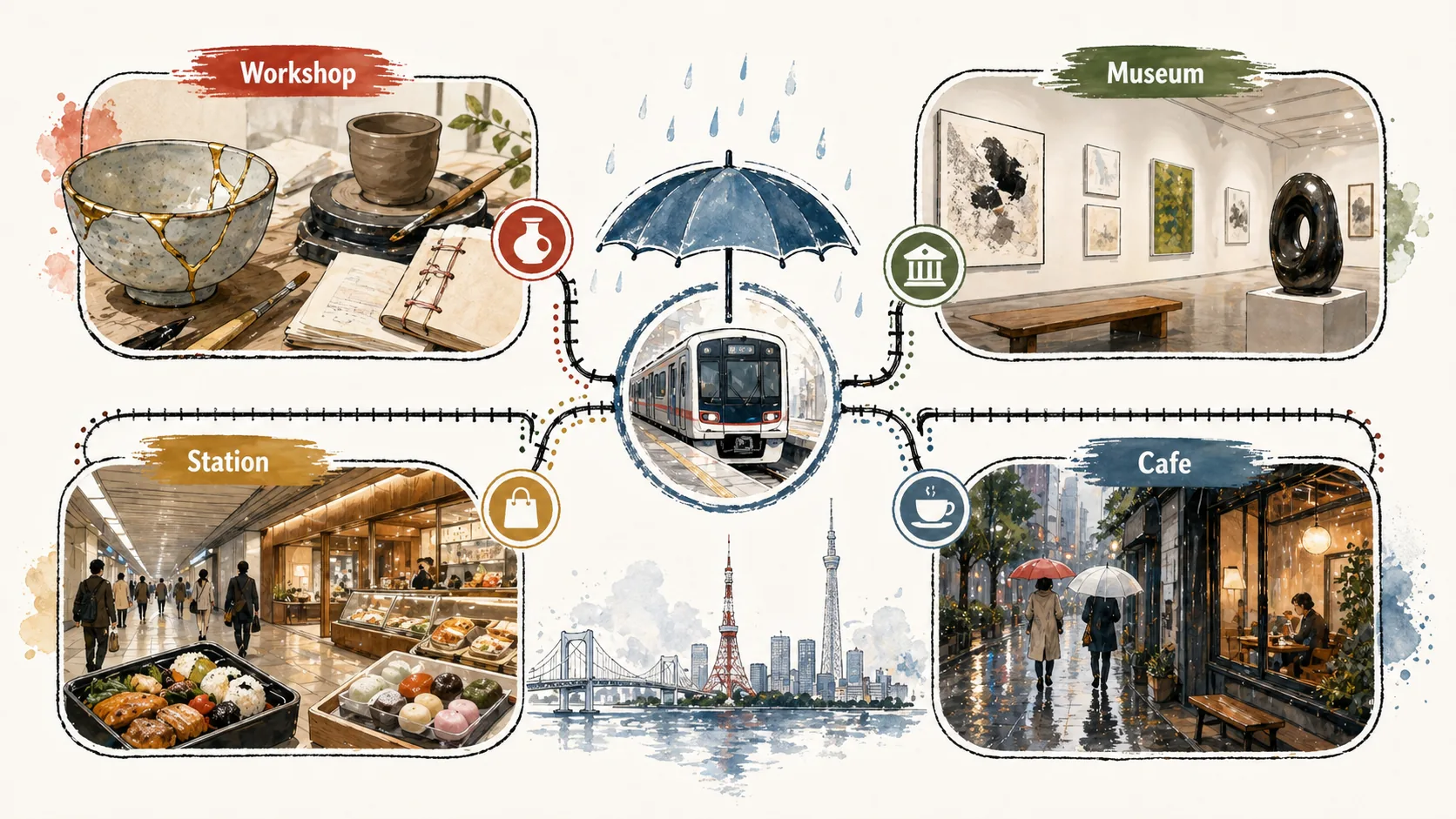 Tokyo rainy day route showing workshop, museum, station, and cafe choices connected by train and umbrella icons.