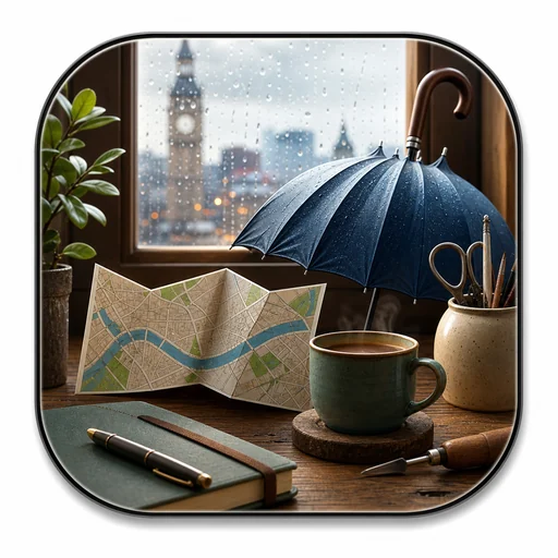 Premium rounded app icon showing a rainy city window, umbrella, map, tea, and craft table for the Free Rainy Day Activity Finder tool.