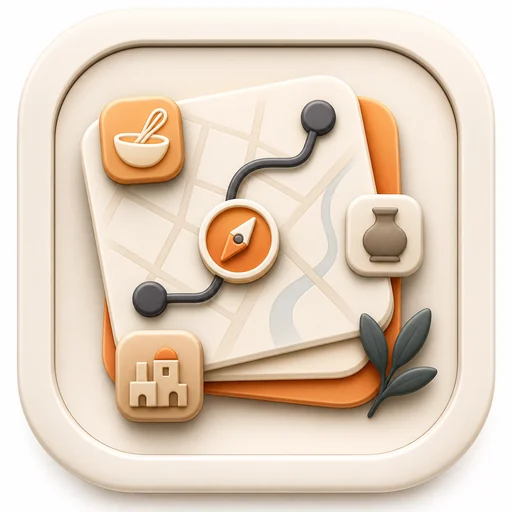 Premium rounded app icon showing a travel map, route, compass, and local experience symbols for the Free Travel Experience Finder tool.